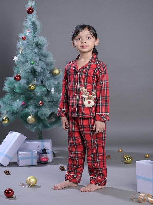 Red Checked Nightwear Set With Cute Reindeer Patch