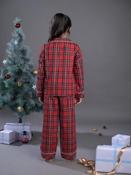 Girls Red Checked Nightwear Set with Cute Reindeer Patch