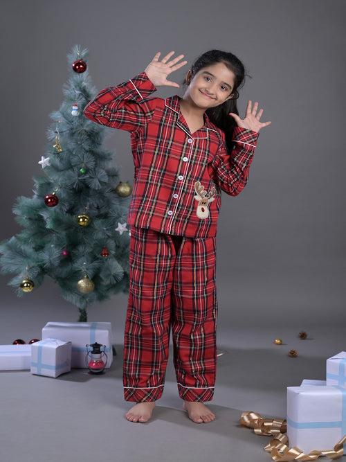 Girls Red Checked Nightwear Set with Cute Reindeer Patch