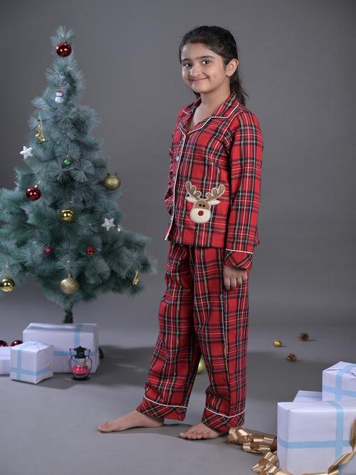 Girls Red Checked Nightwear Set with Cute Reindeer Patch