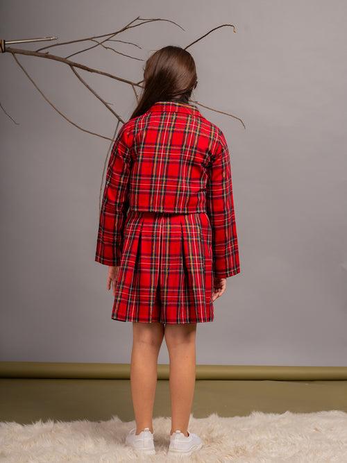 Full Sleeves High Neck Tshirt With Checked Jacket & Skirt 3pcs