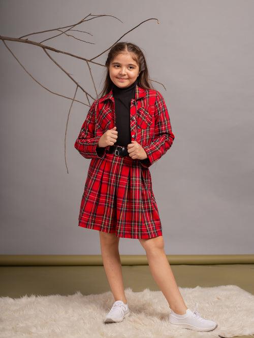 Full Sleeves High Neck Tshirt With Checked Jacket & Skirt 3pcs