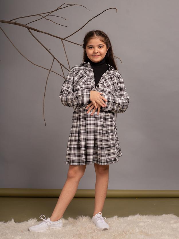 Full Sleeves High Neck Tshirt With Checked Jacket & Skirt 3pcs