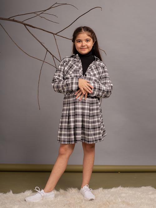 Full Sleeves High Neck Tshirt With Checked Jacket & Skirt 3pcs