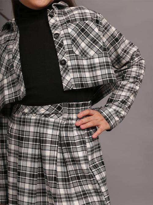 Full Sleeves High Neck Tshirt With Checked Jacket & Skirt 3pcs