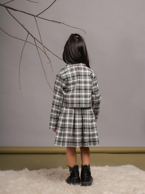 High Neck Tshirt With Checked Jacket & Skirt 3pcs