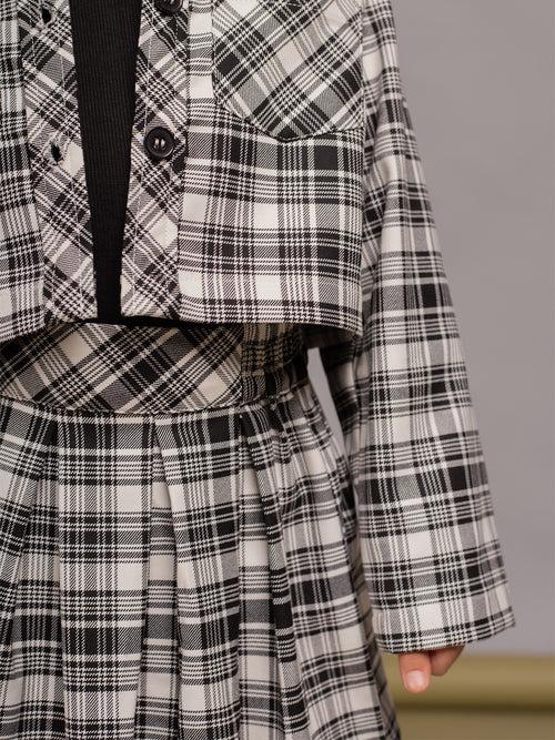 High Neck Tshirt With Checked Jacket & Skirt 3pcs