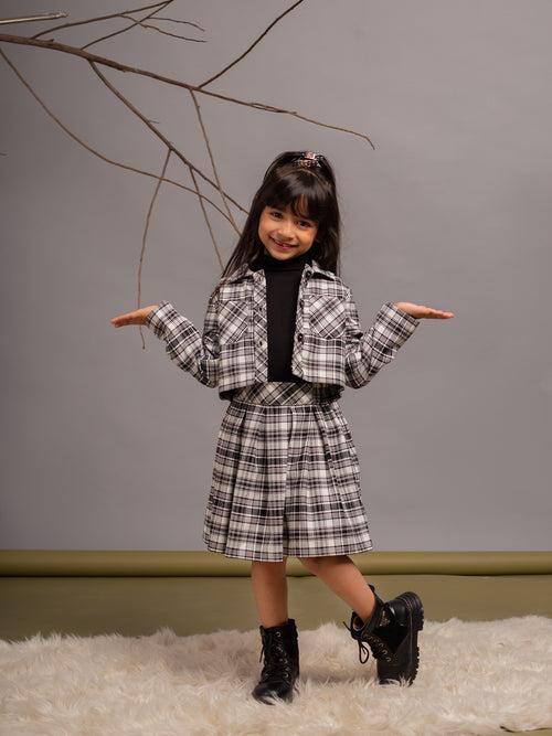 High Neck Tshirt With Checked Jacket & Skirt 3pcs Set