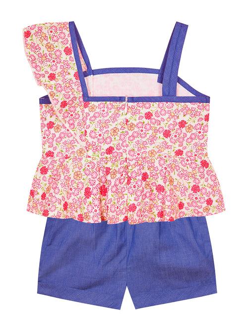 Neon Pink & Blue Floral Fantasy Girls Top & Short Set