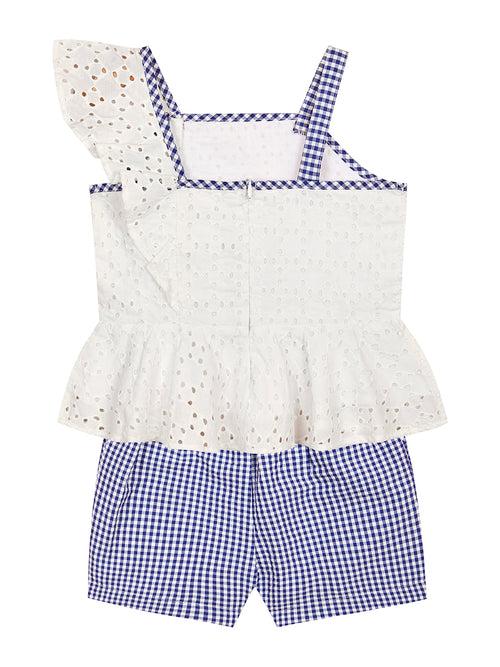 Blue Check Bliss Girls White Top & Short Set