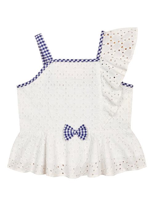 Blue Check Bliss Girls White Top & Short Set