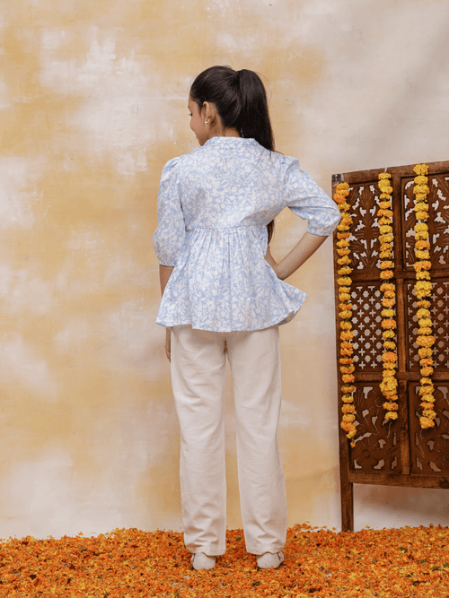 Girls Blue Floral Top with Solid Pant