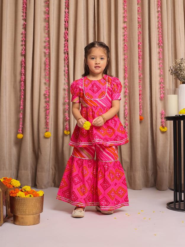 SAANJH PINK BANDHANI KURTA & GHARARA SET