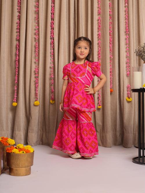 SAANJH PINK BANDHANI KURTA & GHARARA SET