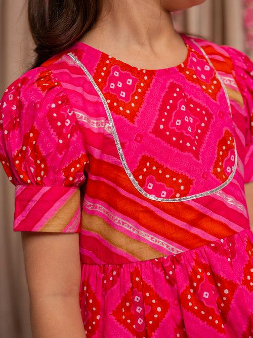 SAANJH PINK BANDHANI KURTA & GHARARA SET