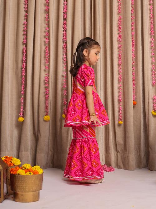 SAANJH PINK BANDHANI KURTA & GHARARA SET