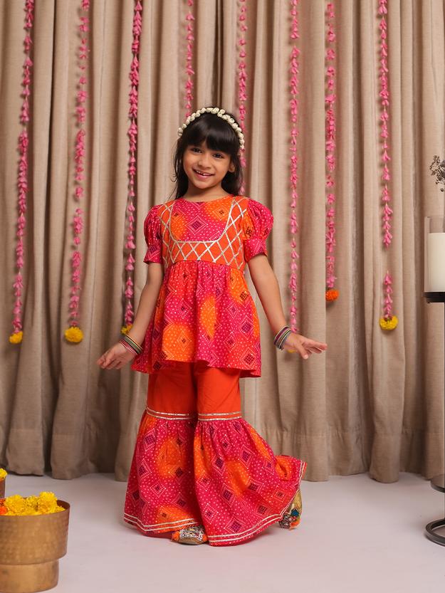 ORANGE BANDHANI KURTA & GHARARA SET