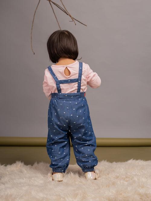 Full Sleeves Tee with Butterfly Detailing Denim Dungaree Set