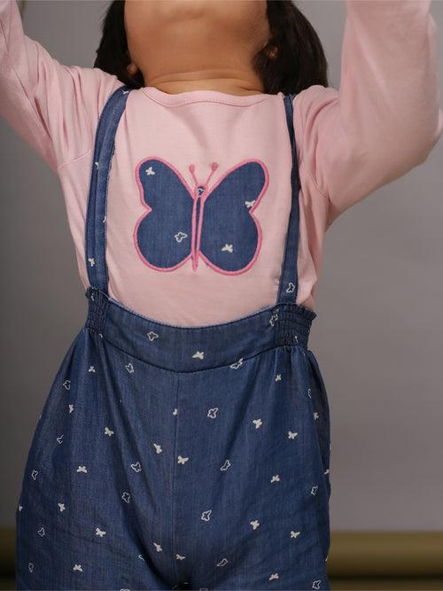 Full Sleeves Tee with Butterfly Detailing Denim Dungaree Set