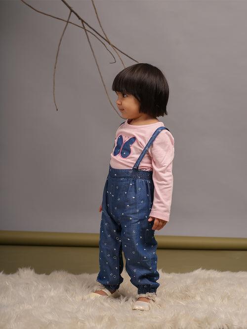 Full Sleeves Tee with Butterfly Detailing Denim Dungaree Set