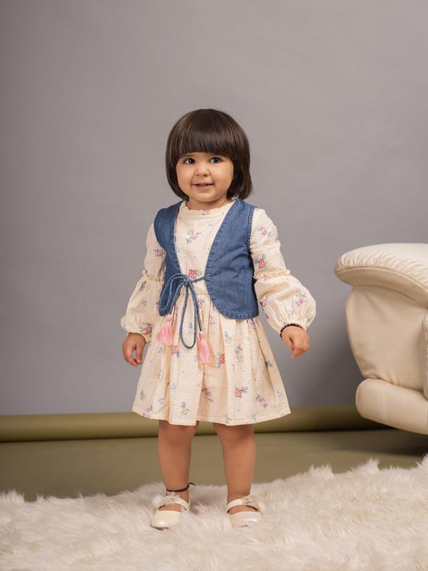 Girls Stylish Floral Dress and Denim Waistcoat