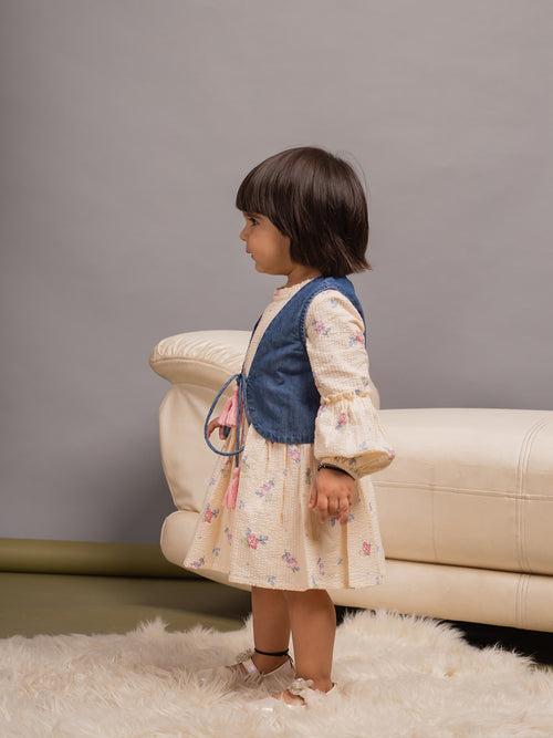 Girls Stylish Floral Dress and Denim Waistcoat