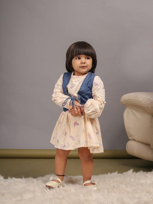 Girls Stylish Floral Dress and Denim Waistcoat