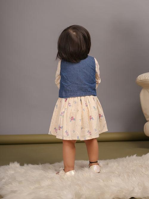 Girls Stylish Floral Dress and Denim Waistcoat