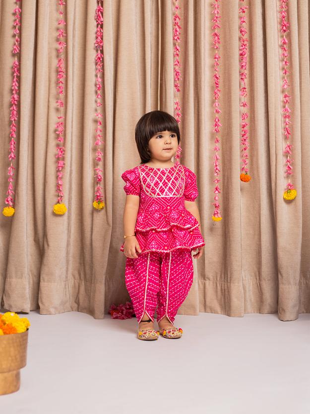 SAANJH BANDHANI PINK PRINTED SHORT SLEEVES TOP & DHOTI SET