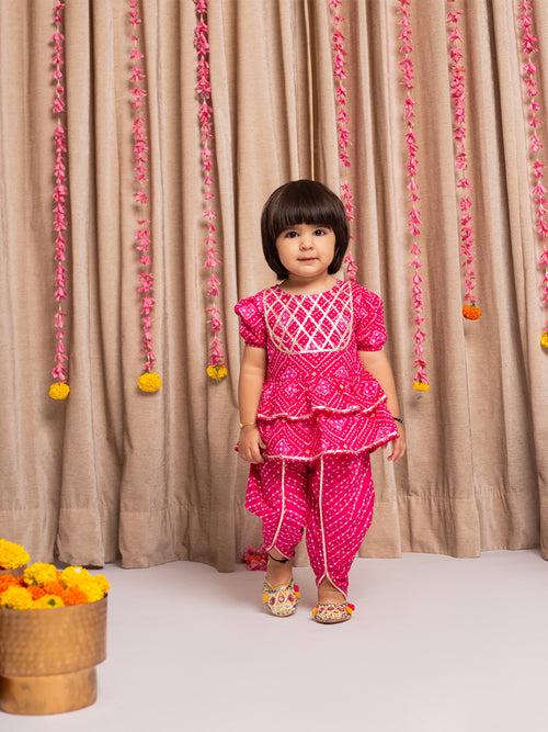 SAANJH BANDHANI PINK PRINTED SHORT SLEEVES TOP & DHOTI SET