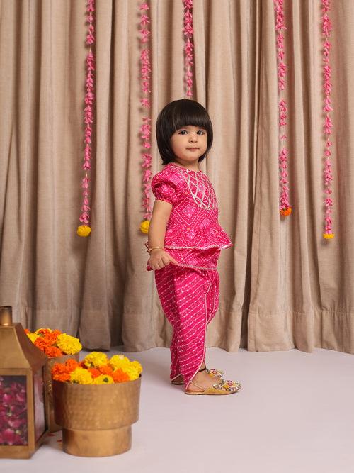 SAANJH BANDHANI PINK PRINTED SHORT SLEEVES TOP & DHOTI SET