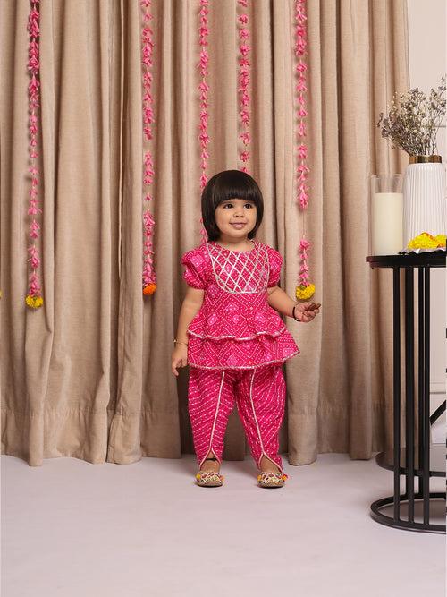 SAANJH BANDHANI PINK PRINTED SHORT SLEEVES TOP & DHOTI SET