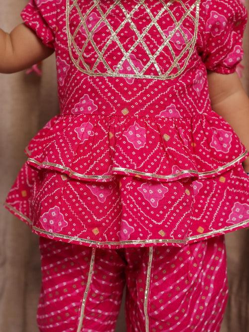 SAANJH BANDHANI PINK PRINTED SHORT SLEEVES TOP & DHOTI SET