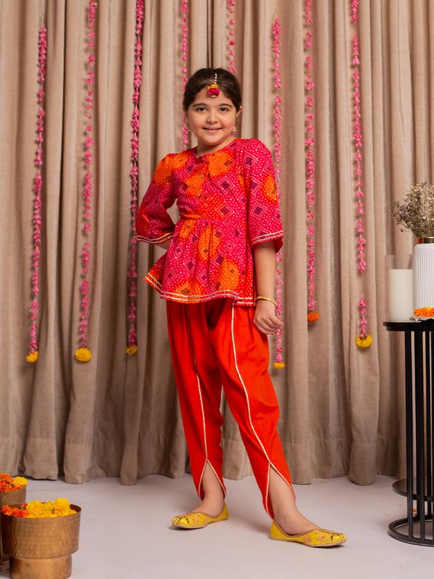 SAANJH ORANGE BANDHANI DHOTI SET