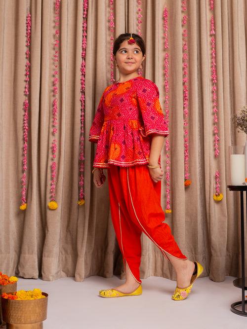 SAANJH ORANGE BANDHANI DHOTI SET