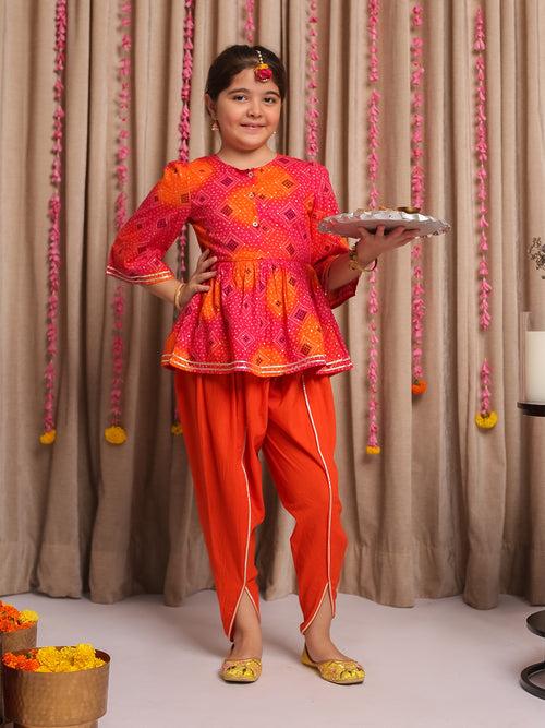 SAANJH ORANGE BANDHANI DHOTI SET