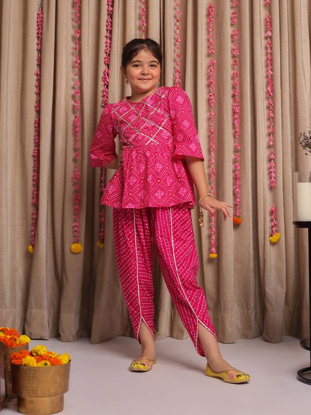 SAANJH PINK BANDHANI DHOTI SET