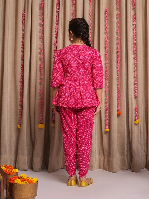 SAANJH PINK BANDHANI DHOTI SET