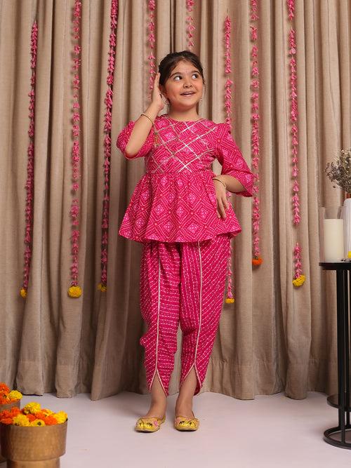 SAANJH PINK BANDHANI DHOTI SET