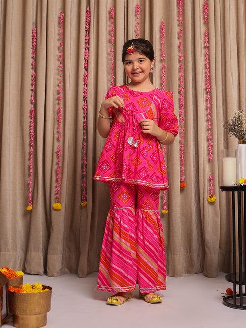 SAANJH PINK PRINTED KURTA  GHARARA SET