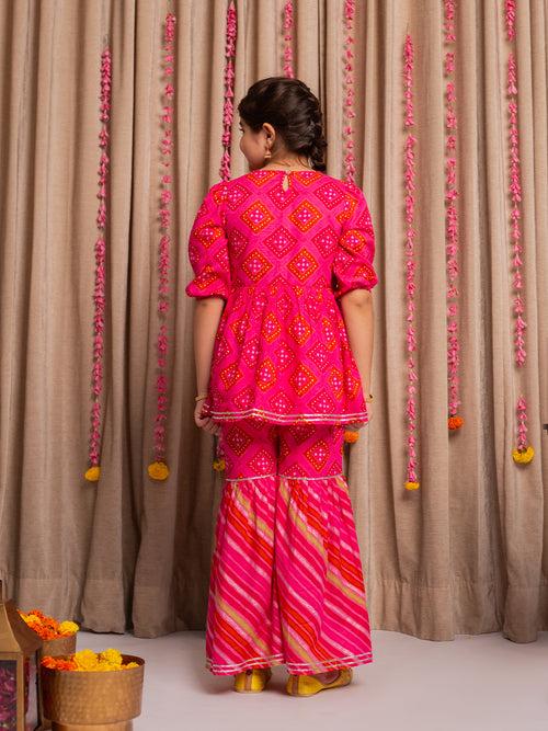 SAANJH PINK PRINTED KURTA  GHARARA SET