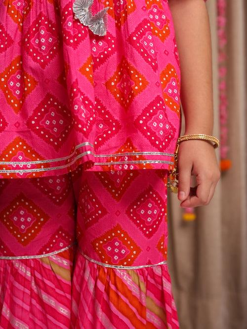 SAANJH PINK PRINTED KURTA  GHARARA SET