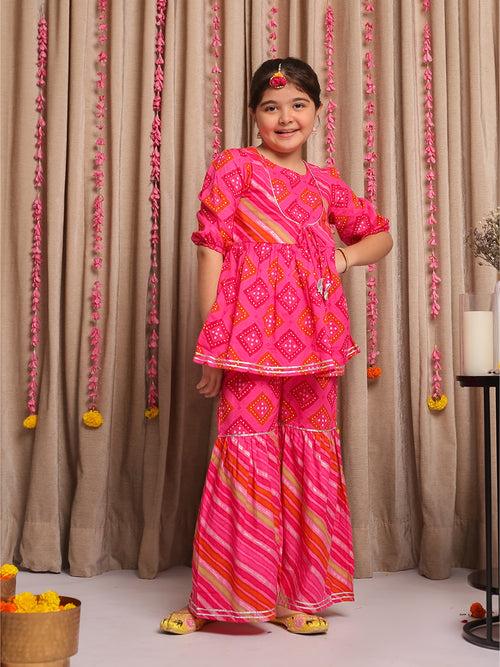 SAANJH PINK PRINTED KURTA  GHARARA SET