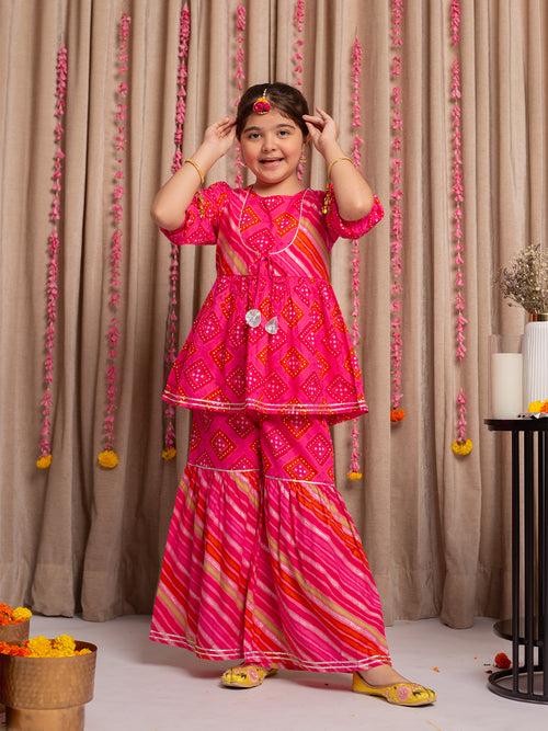 SAANJH PINK PRINTED KURTA  GHARARA SET