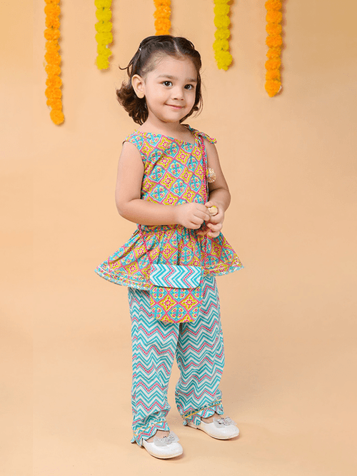 Jaipuri Block Print Off-Shoulder Tunic Trousers Set with Purse