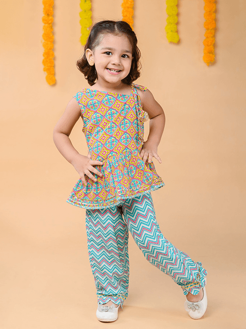 Jaipuri Block Print Off-Shoulder Tunic Trousers Set with Purse