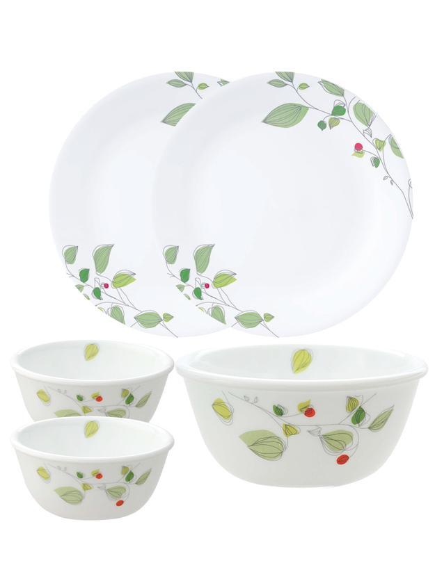 Corelle Asia Collection Green Breeze 26cm Dinner Plates, 177ml Katori & 828ml Curry Bowl Pack of 5