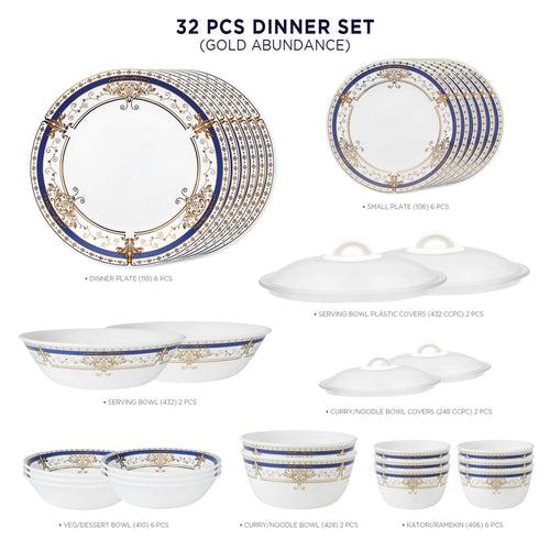 Corelle Asia Collection Gold Series - 32 Pcs Dinner Set - Gold Abundance (24k Gold) | For Family of 6 | Break & Chip Resistant | Lightweight & Durable | Microwave & Dishwasher Safe