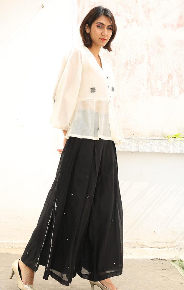 Kedia Top Chanderi in Pearl white with Culottes