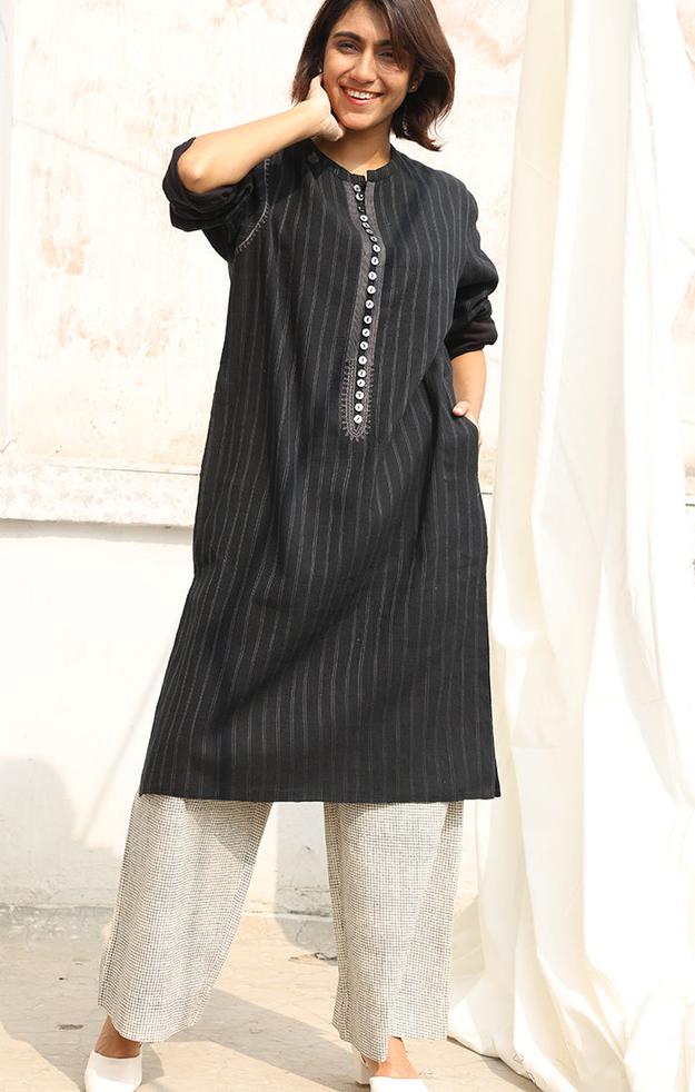 Embroidered Kurta in Charcoal